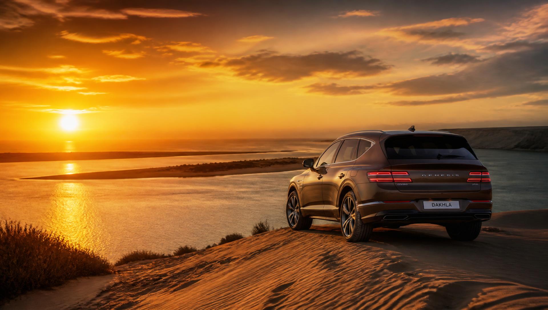 SUV sur les dunes de Dakhla au coucher du soleil